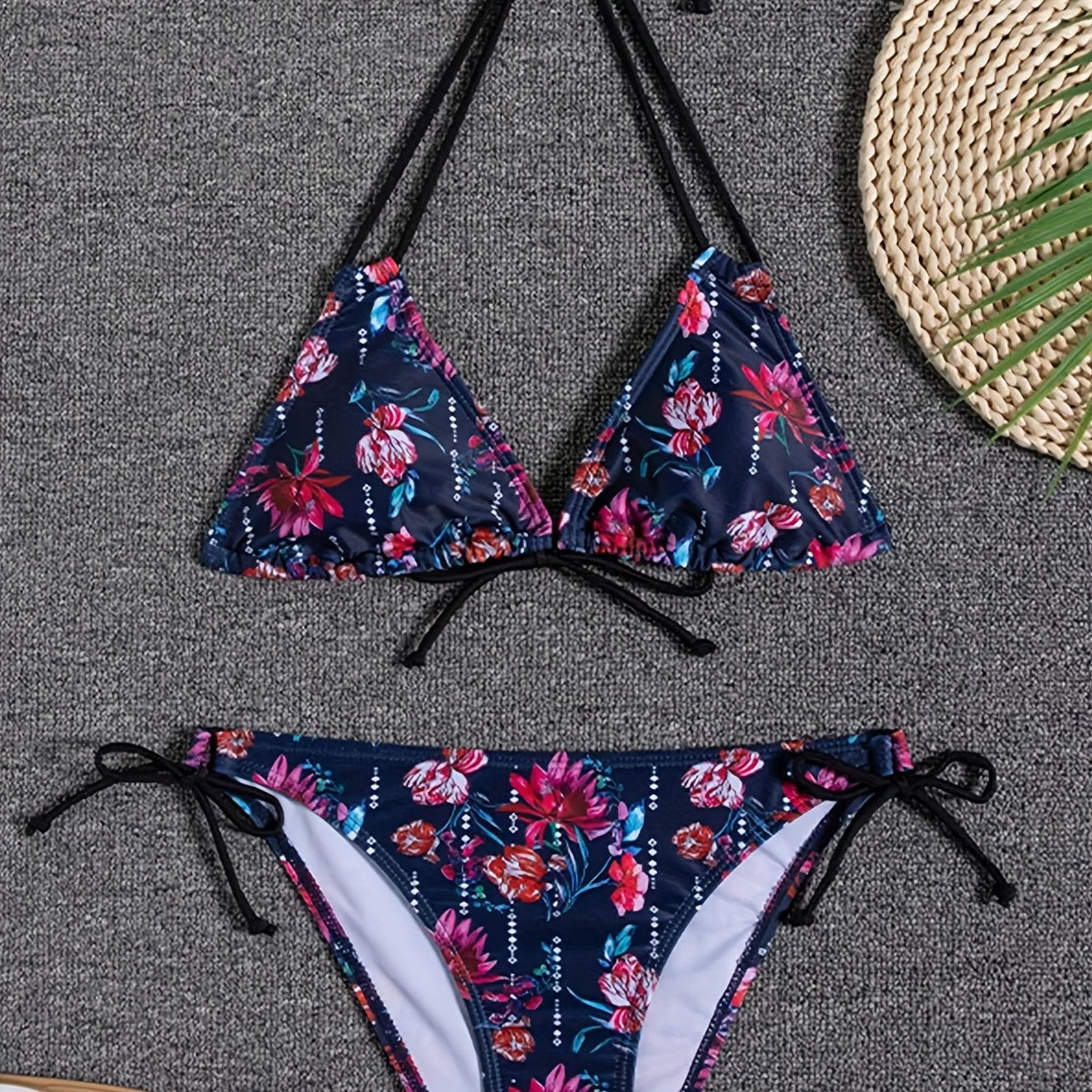 Sunset Bloom 2-Piece Triangle Bikini Set for Women – Vibrant Random Floral Print Halter Neck Swimsuit with Tie-Back Tie-Side Bottoms &amp; High Cut Legs – Women&