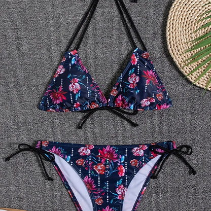 Sunset Bloom 2-Piece Triangle Bikini Set for Women – Vibrant Random Floral Print Halter Neck Swimsuit with Tie-Back Tie-Side Bottoms &amp; High Cut Legs – Women&