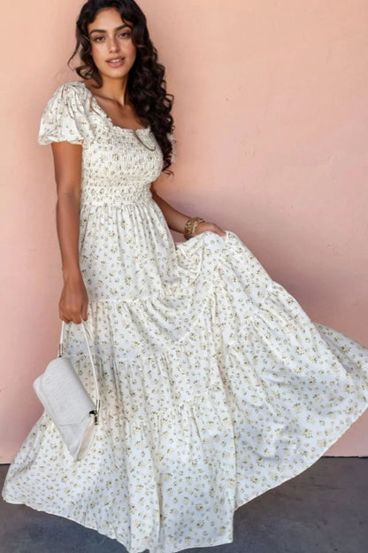 Floral Smocked Short Puff Sleeve Maxi Dress
