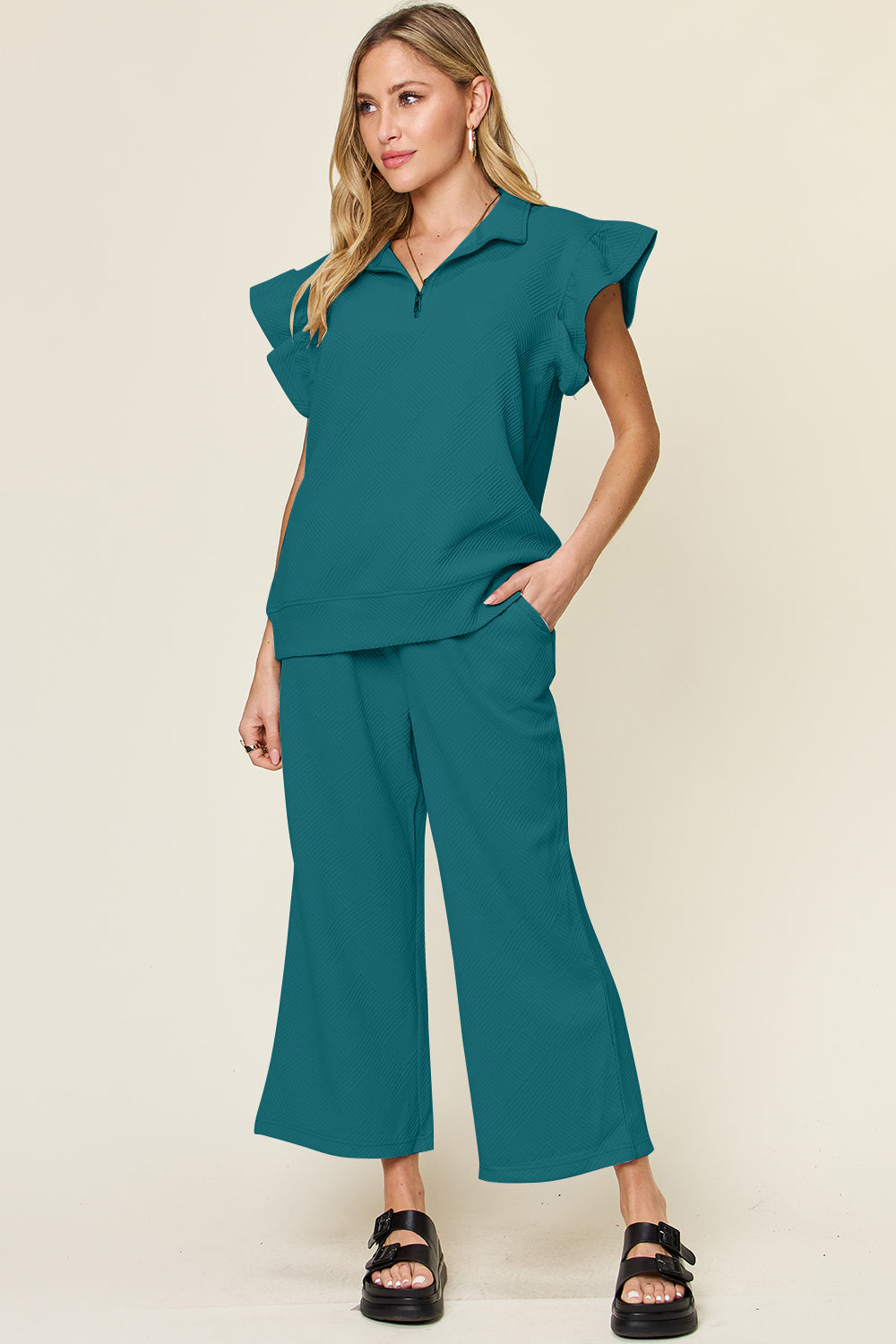 Textured Ruffle Top &amp; Drawstring Wide Leg Pants Set