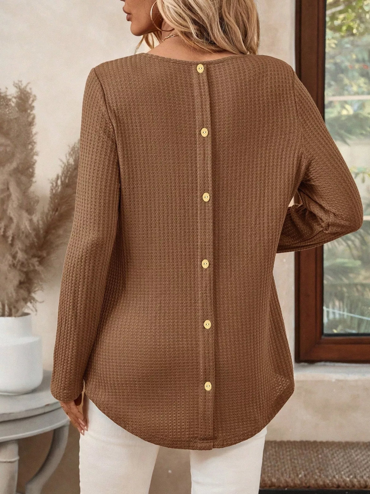 Plus Size Casual Waffle Knit Long Sleeve T-Shirt