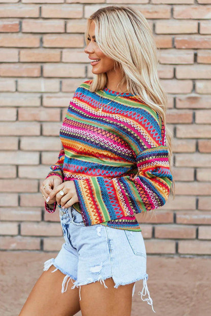 Contrast Round Neck Long Sleeve Top for Women Fashion