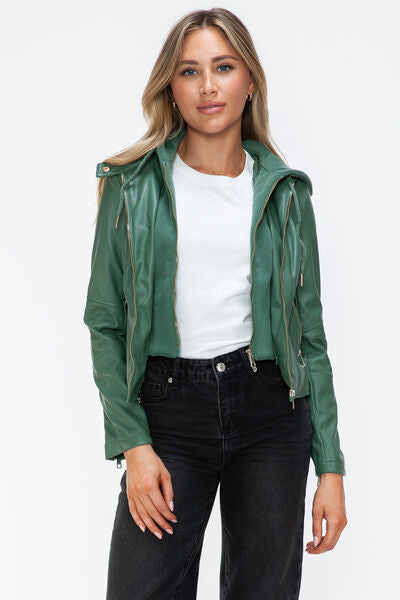 Women Classic Snobbish Faux Leather Zip-Up Drawstring Hooded Jacket Edgy &amp; Casual PU Leather Jacket For Streetwear