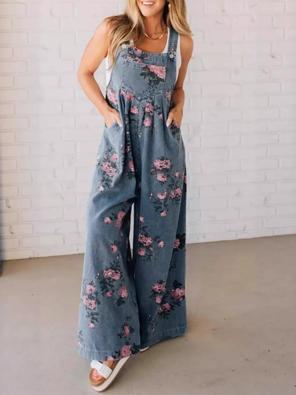 Floral Print Wide Leg Denim Overalls