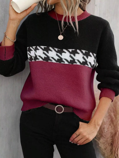 Houndstooth Pattern Color Block Sweater