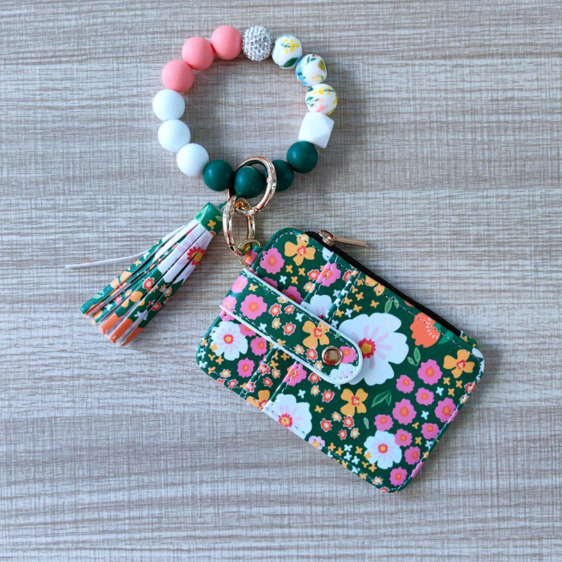 Womens Silicone Bead Bracelet Keychain Cardholder
