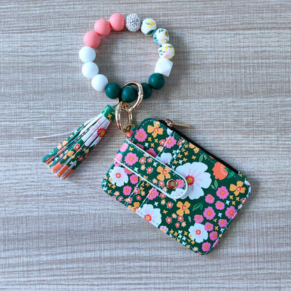 Womens Silicone Bead Bracelet Keychain Cardholder