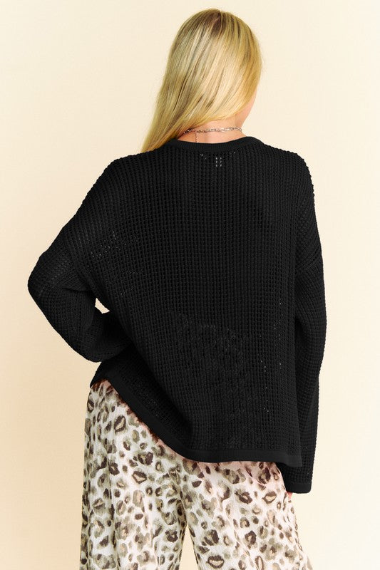 Back To School Sweater - Davi &amp; Dani Star Front Crochet Drop Shoulder Knit Top