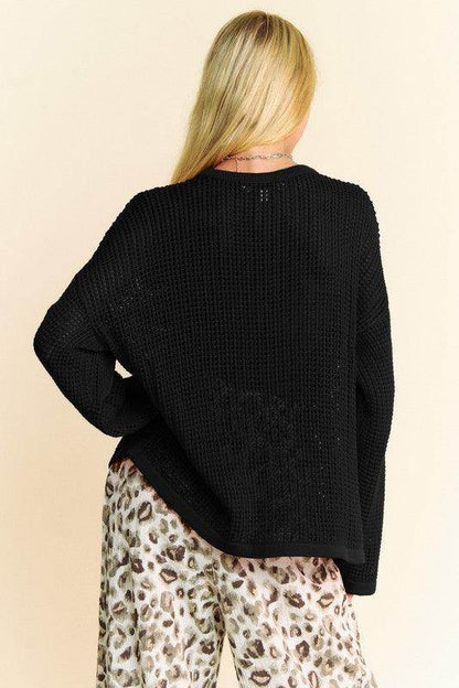 Davi &amp; Dani Star Front Crochet Drop Shoulder Knit Top
