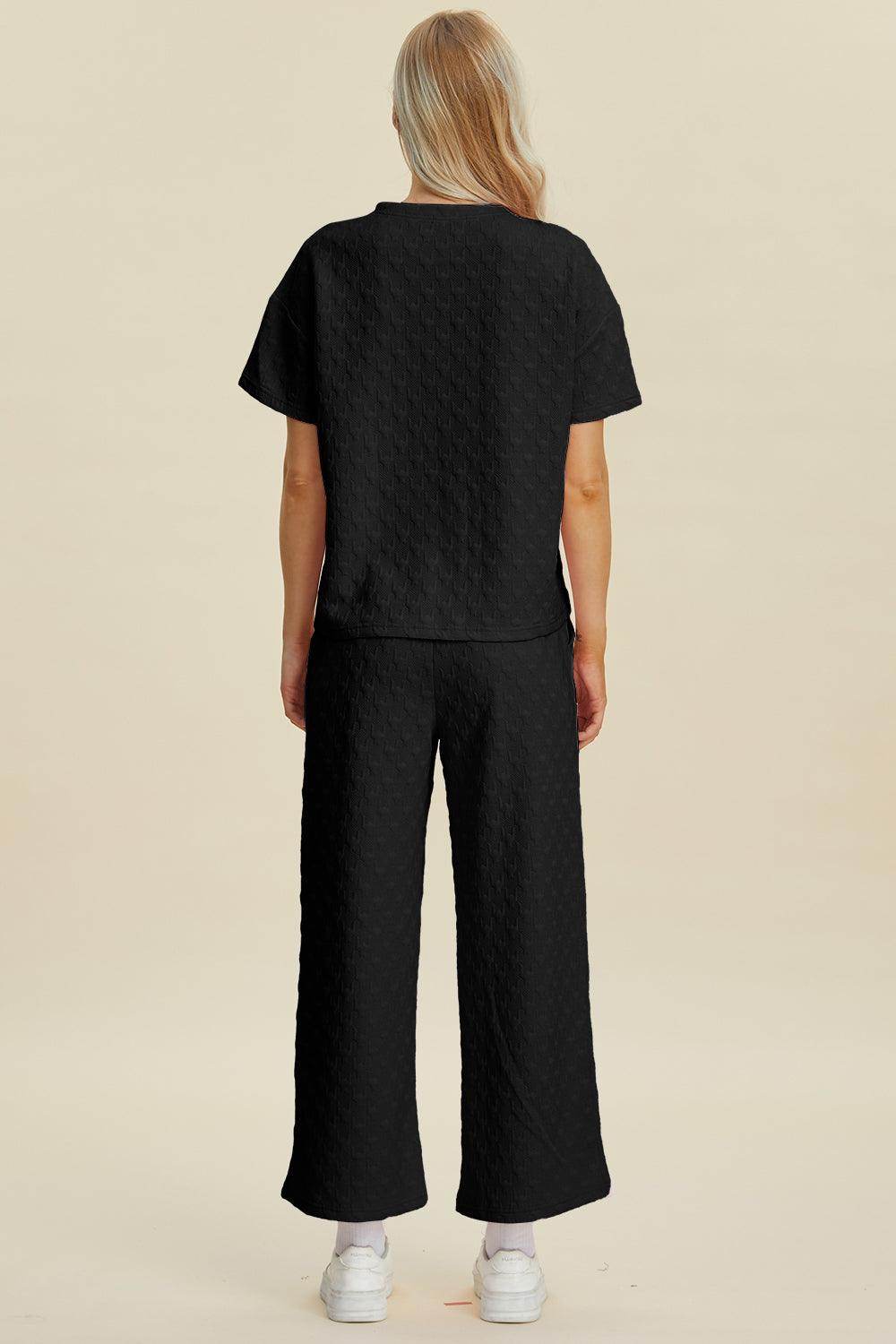 Double Take Full Size Texture Round Neck Top and Pants Set