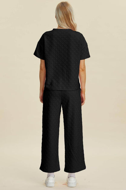 Double Take Full Size Texture Round Neck Top and Pants Set