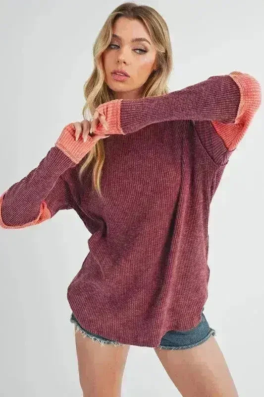 Color Block Knit Top – Raw Seam Detail &amp; Cotton-Spandex Blend