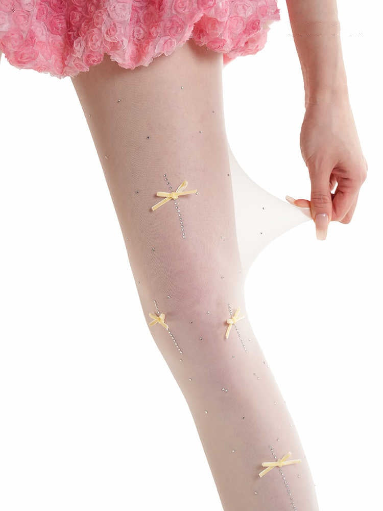 Velvet Bow Rhinestone White Stockings