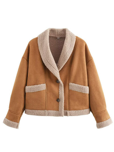 Fuzzy Collared Neck Long Sleeve Jacket with Buttoned Closure and Cozy Pockets