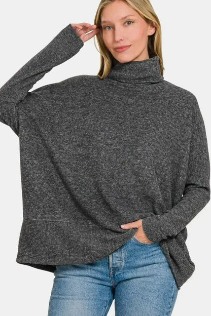 Full Size Brushed Melange Hacci Turtleneck Sweater | Femstylo