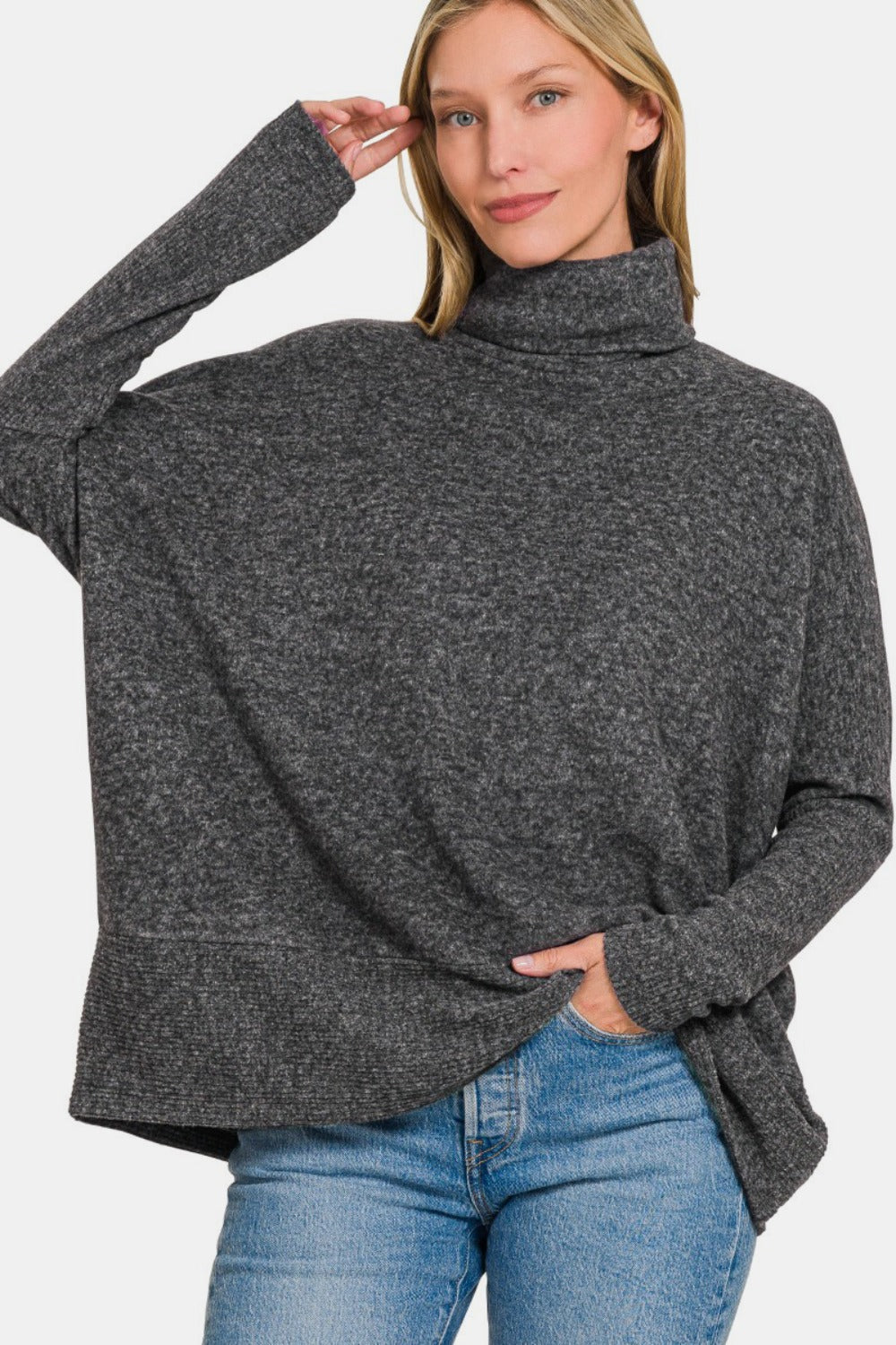 Back To School Sweater - Zenana Full Size Brushed Melange Hacci Turtleneck Sweater