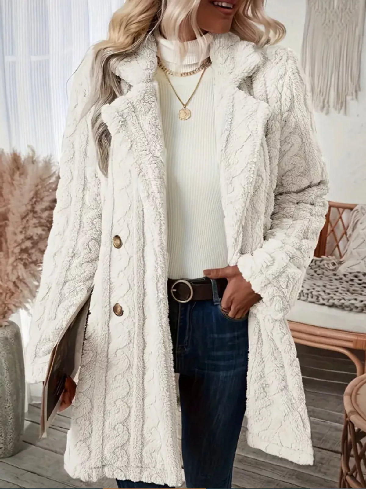 Cozy Faux Shearling Double-Breasted Outerwear
