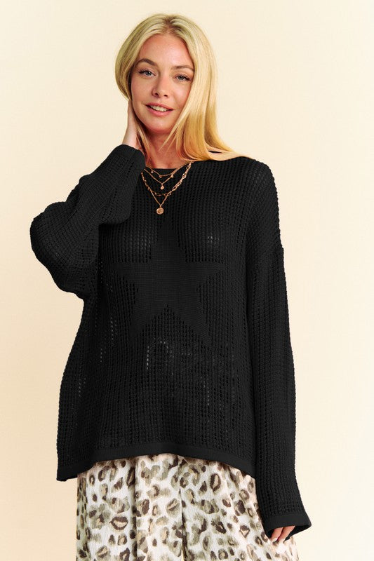 Back To School Sweater - Davi &amp; Dani Star Front Crochet Drop Shoulder Knit Top