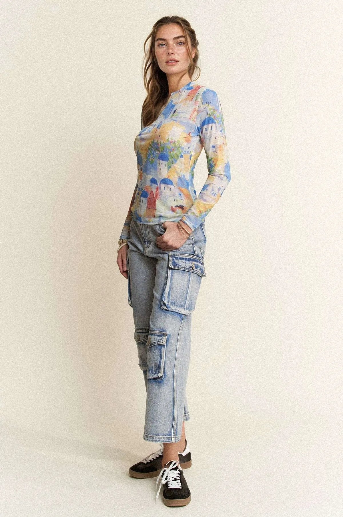 Davi &amp; Dani Multi Printed Mesh Round Neck Long Sleeve Top