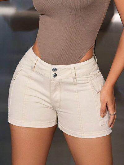Mid-Rise Waist Denim Shorts with Pockets for Women