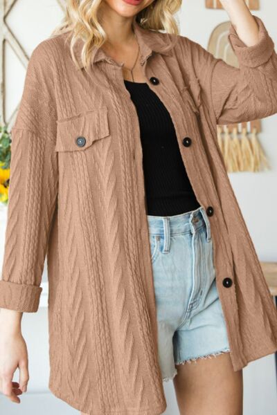 Retro Camel Full Size Drop Shoulder Jacket With Button-Up Design Women Jacket