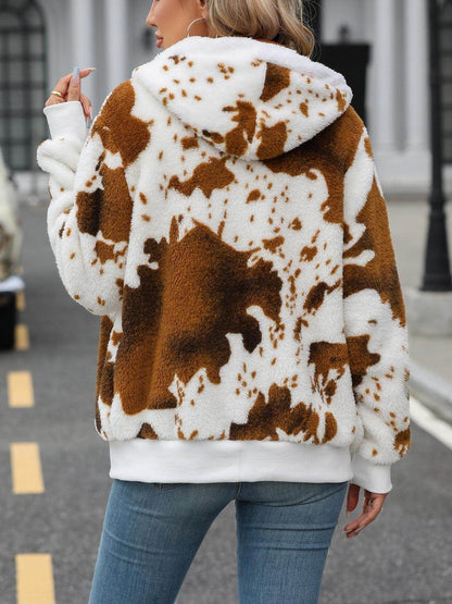 Fuzzy Drawstring Zip Up Hooded Jacket for Cozy Style