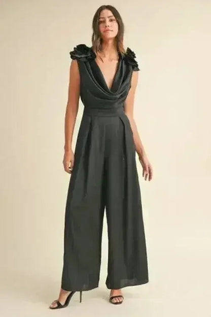 3D Floral Jumpsuit - Cowl Neck Satin Romper | Femstylo