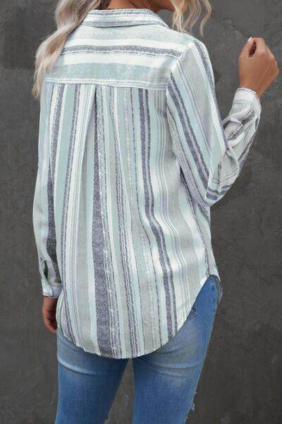 Striped Collared Neck Long Sleeve Shirt for Women Fashion