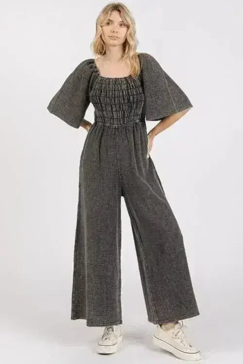Mineral Wash Gauze Mittoshop Jumpsuit - Ruched Wide Leg Romper | Femstylo