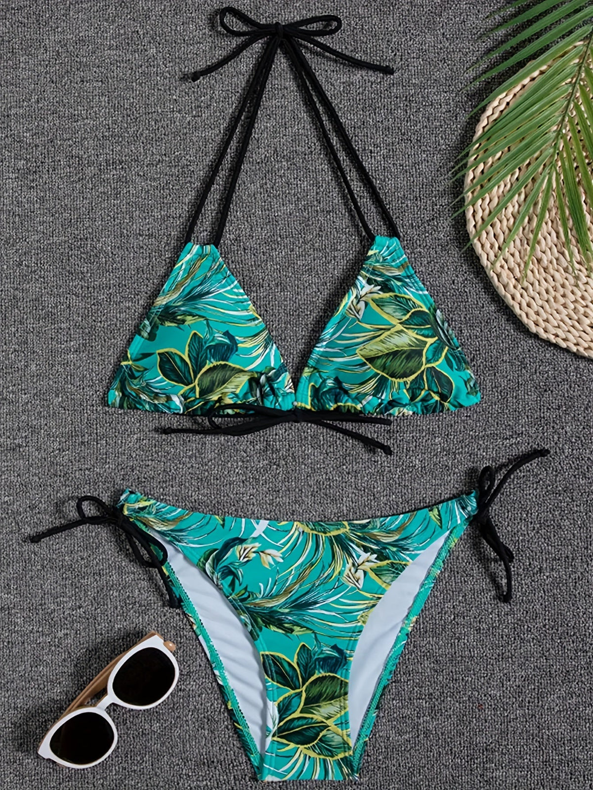 Sunset Bloom 2-Piece Triangle Bikini Set for Women – Vibrant Random Floral Print Halter Neck Swimsuit with Tie-Back Tie-Side Bottoms &amp; High Cut Legs – Women&
