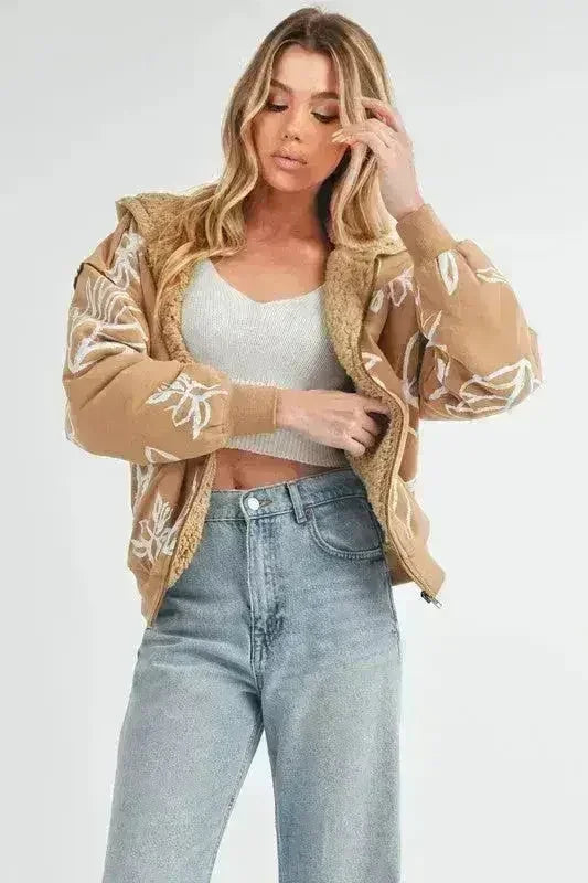 Floral Sherpa Hoodie - Zip-Up Fleece Jacket with Pockets
