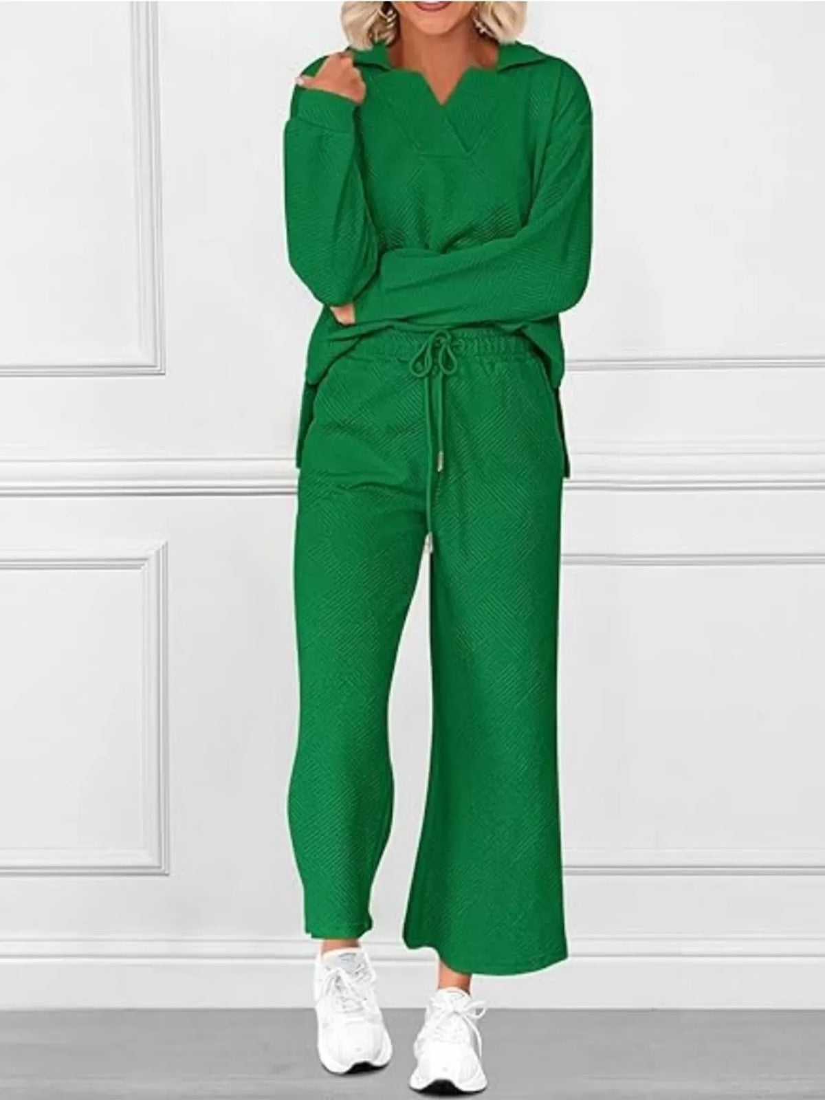 Side Slit Textured Top and Drawstring Pants Set