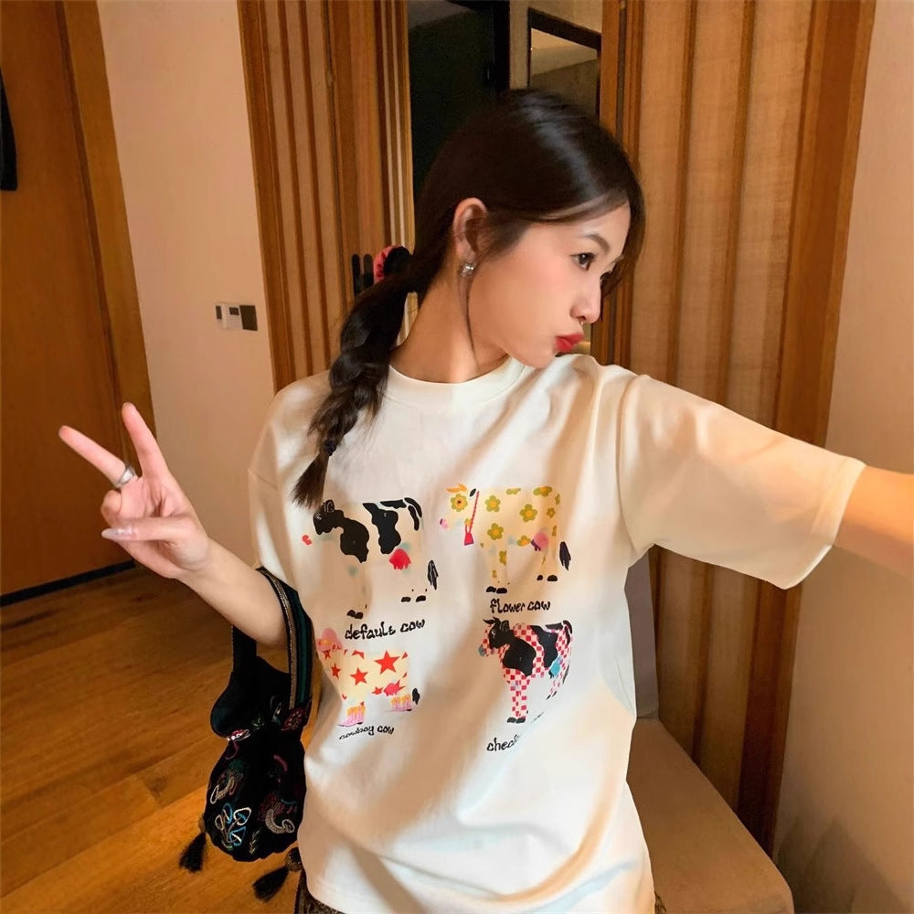 American Retro Cartoon Print Korean Version Loose Versatile Top
