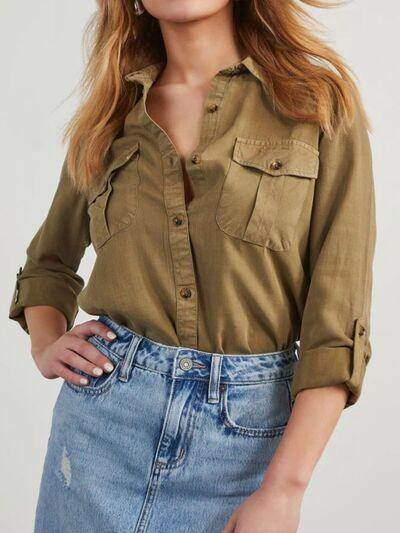 Collared Neck Roll-Tab Sleeve Denim Top for Women