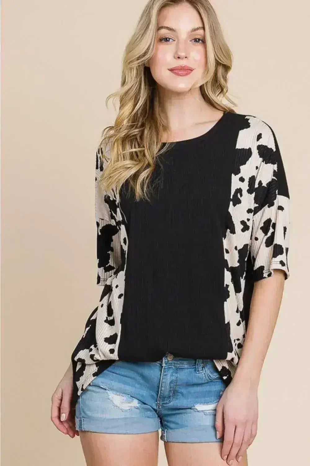 Animal Contrast Ribbed Tee - Edgy Women&