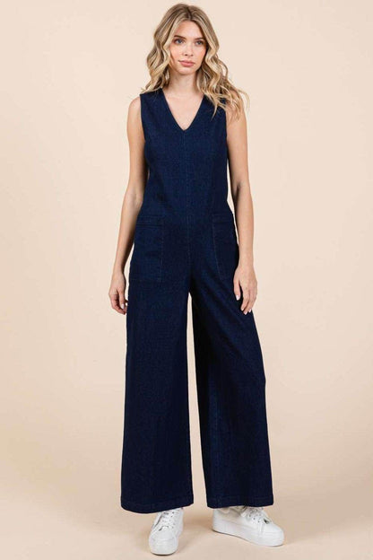 Mittoshop Sleeveless Wide Leg Denim Jumpsuit for Women