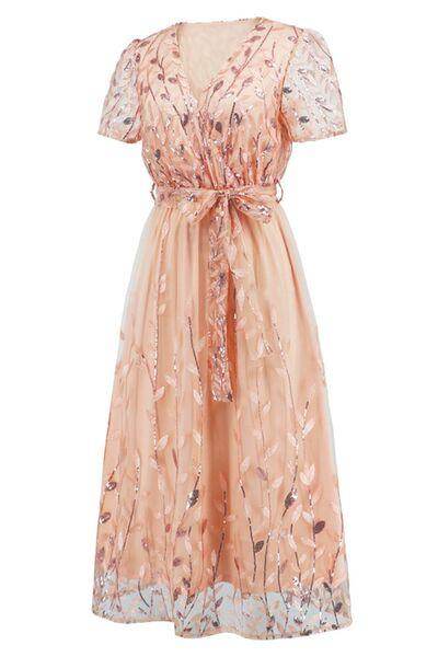 Sequin Leaf Embroidery Tie Front Short Sleeve Dress for Women