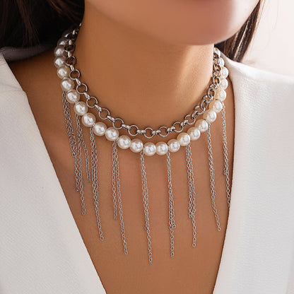 Pearl Tassel Fun Design Double-layer Retro Necklace Women&