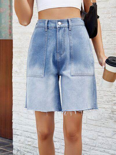 Buttoned Raw Hem Denim Shorts with Pockets for Women