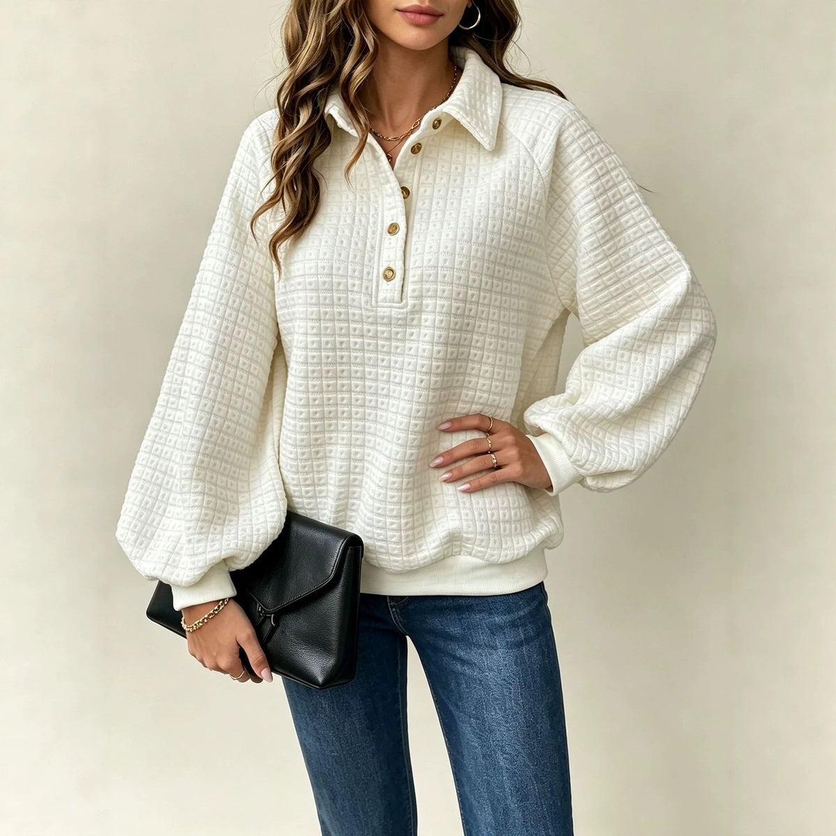 Turn-down Collar Textured Top Women&