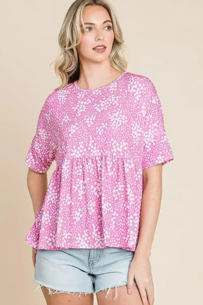 Floral Peplum Blouse - Round Neck Women&