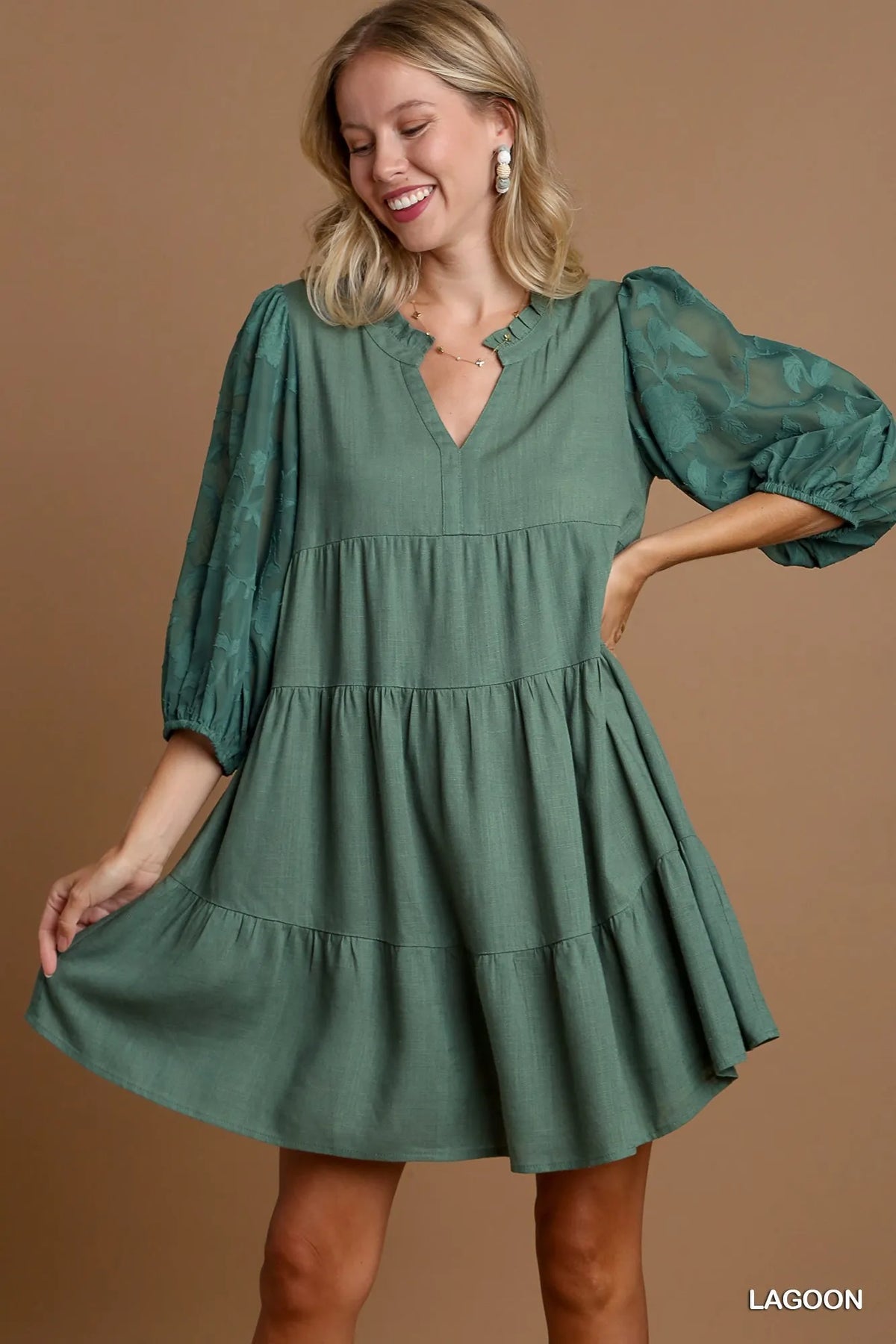 Umgee Floral Contrast Sleeve Tiered Dress