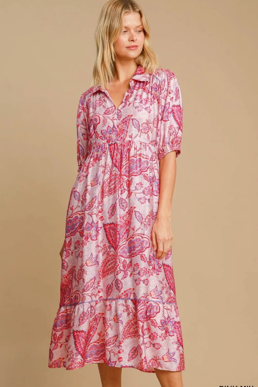 Umgee Full Size Ruffled Hem Floral Paisley Print Half Sleeve Midi Dress Plus Size