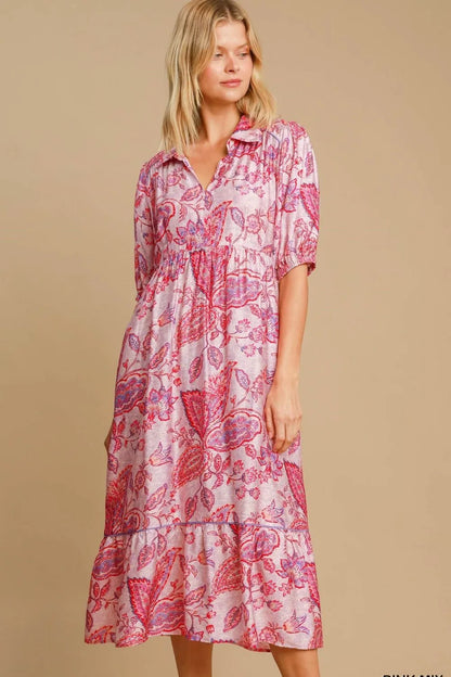 Umgee Full Size Ruffled Hem Floral Paisley Print Half Sleeve Midi Dress Plus Size