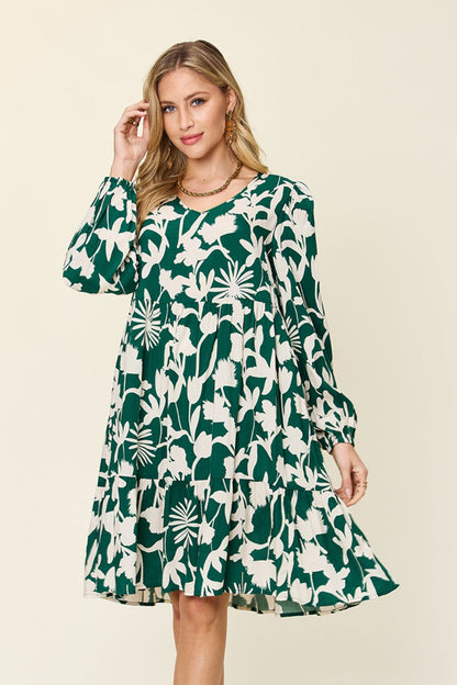 Double Take Full Size Printed Ruffle Hem Dress with Pocket Stylish &amp; Functional Women Dress