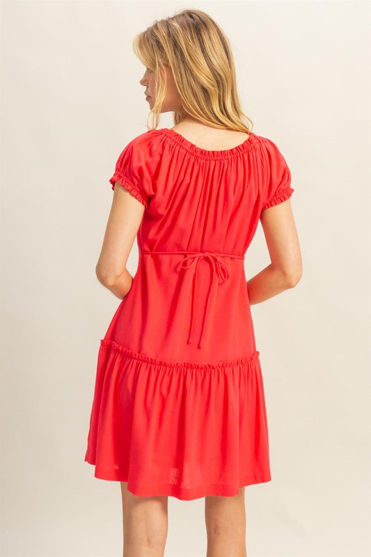 New Summer Ruched Frill Tiered Short Sleeve Mini Dress For Women – Playful, Sexy and Flirty Ruffled Mini Dress with Textured Ruched Detail