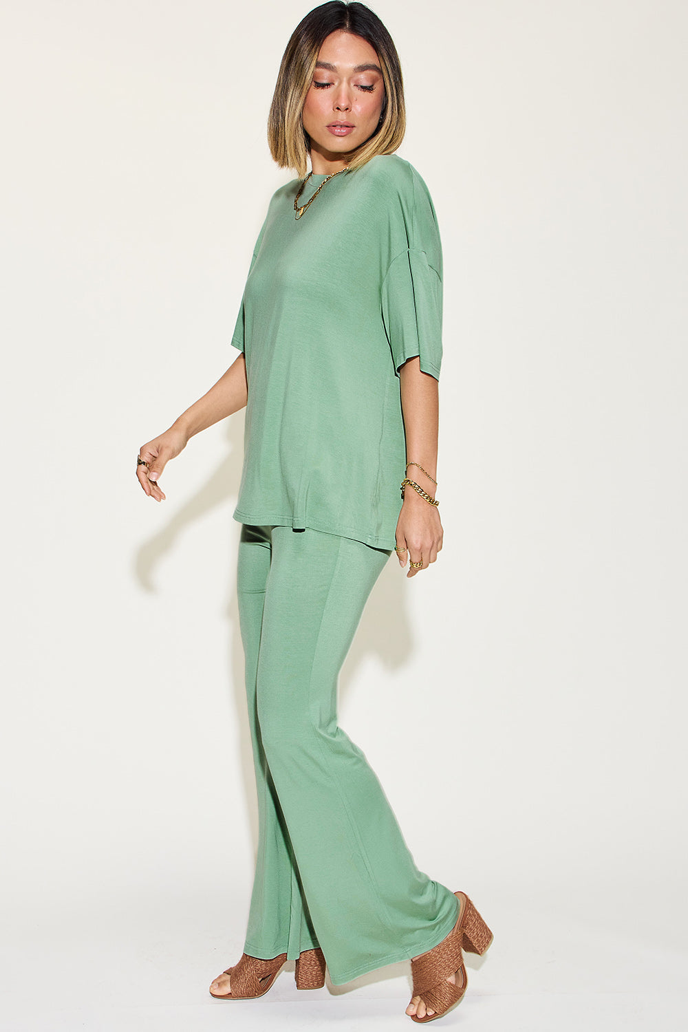Comfy Bamboo Drop Shoulder Tee &amp; Flare Pants Set