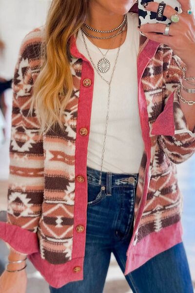 Retro Unique Geometric Print Corduroy Trim Button-Up Jacket Classic Modern Deep Rose Jacket