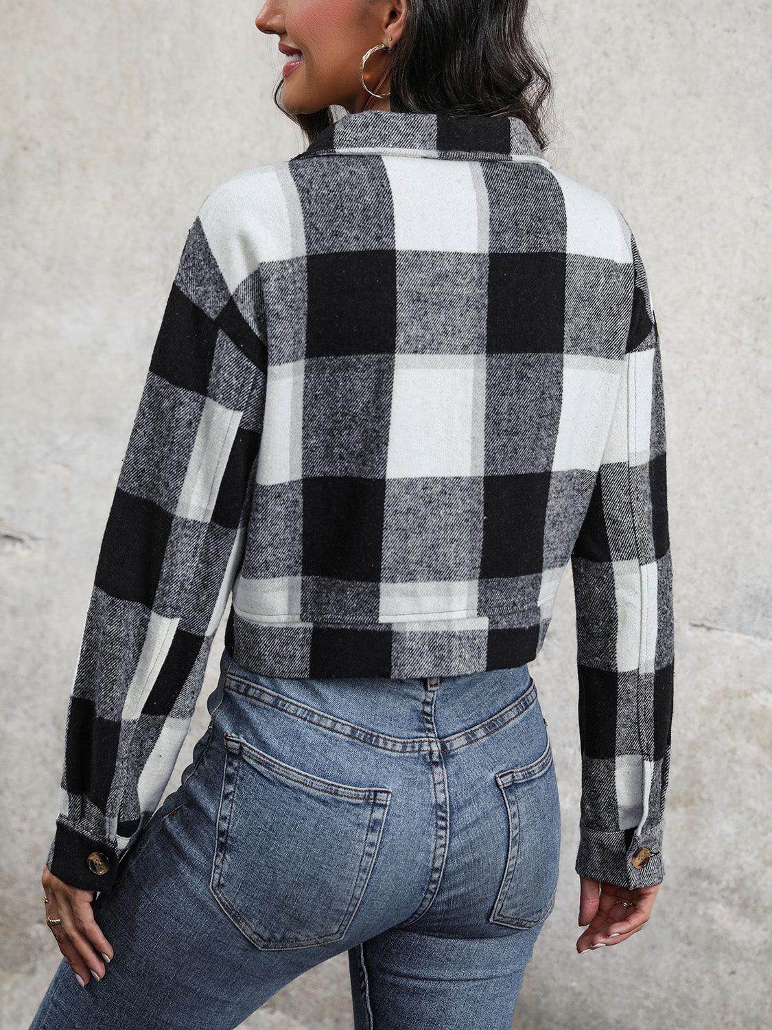 Perfee Plaid Button Up Drop Shoulder Cropped Jacket for Women