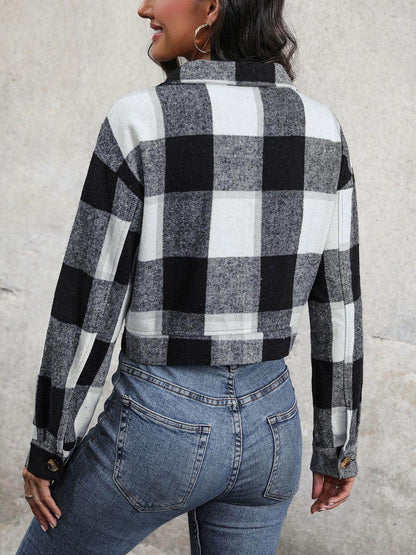 Perfee Plaid Button Up Drop Shoulder Cropped Jacket for Women